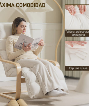 Luxe Lounge Stoel met Verstelbare Voetensteun - Crème Velours & Houten Frame