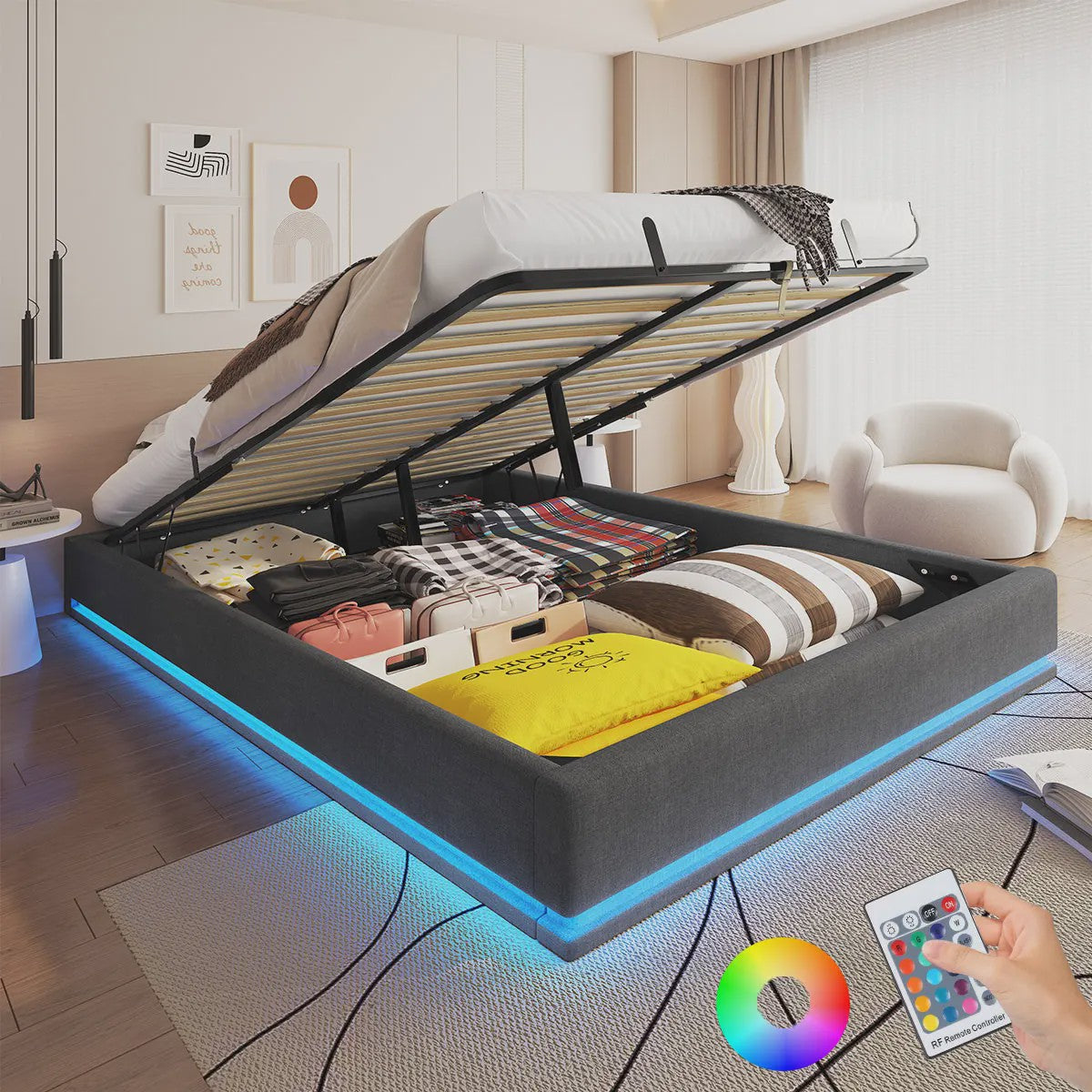 160x200cm Boxspring Bed met Hydraulische Opbergruimte en RGB LED Verlichting