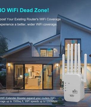 1200Mbps Dual-Band WiFi Repeater Extender - 5G/2.4G Signaal Booster met 6 Antennes