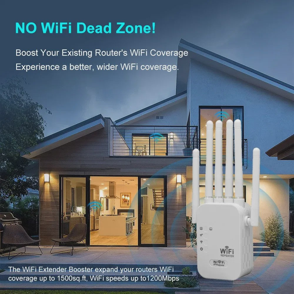 1200Mbps Dual-Band WiFi Repeater Extender - 5G/2.4G Signaal Booster met 6 Antennes