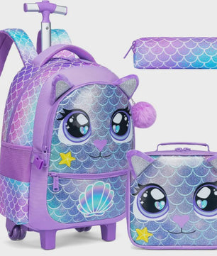 3-delige Kinder Trolley Rugzak Set met Wieltjes, Lunchtas en Etui - Meisjes
