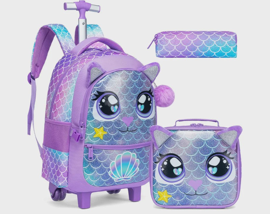 3-delige Kinder Trolley Rugzak Set met Wieltjes, Lunchtas en Etui - Meisjes