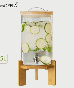 Glazen Drankdispenser 5L met Houten Standaard en Kraantje - Ideaal voor Feesten