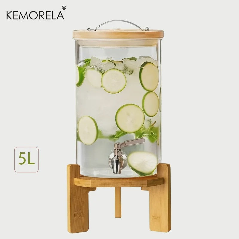 Glazen Drankdispenser 5L met Houten Standaard en Kraantje - Ideaal voor Feesten
