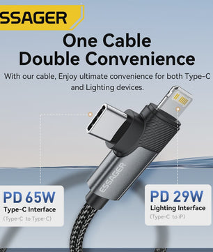 Essager 2-in-1 Hoek Kabel: PD 65W Snelladen & Data | USB-C & Lightning