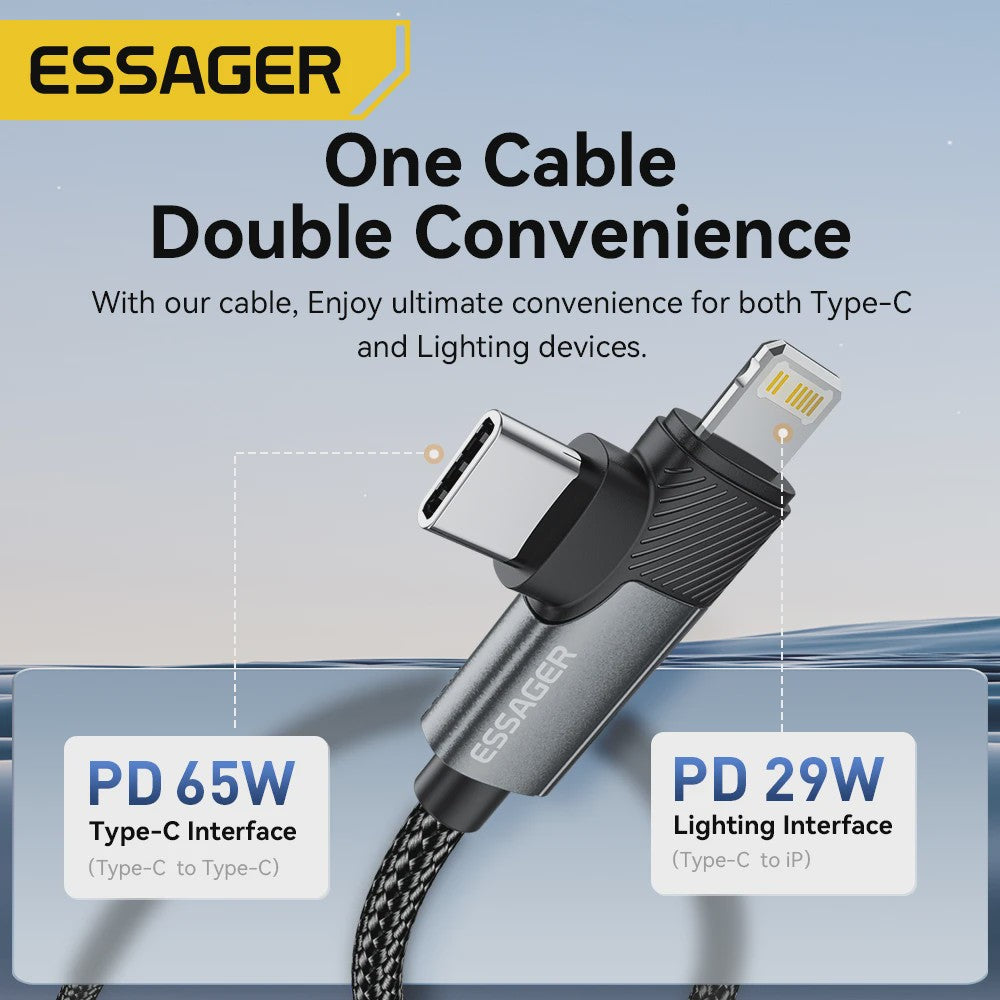 Essager 2-in-1 Hoek Kabel: PD 65W Snelladen & Data | USB-C & Lightning