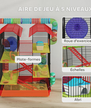 Grote Hamsterkooi met Tunnel, Loopwiel en Voerbak - 47x30x59 cm Rood