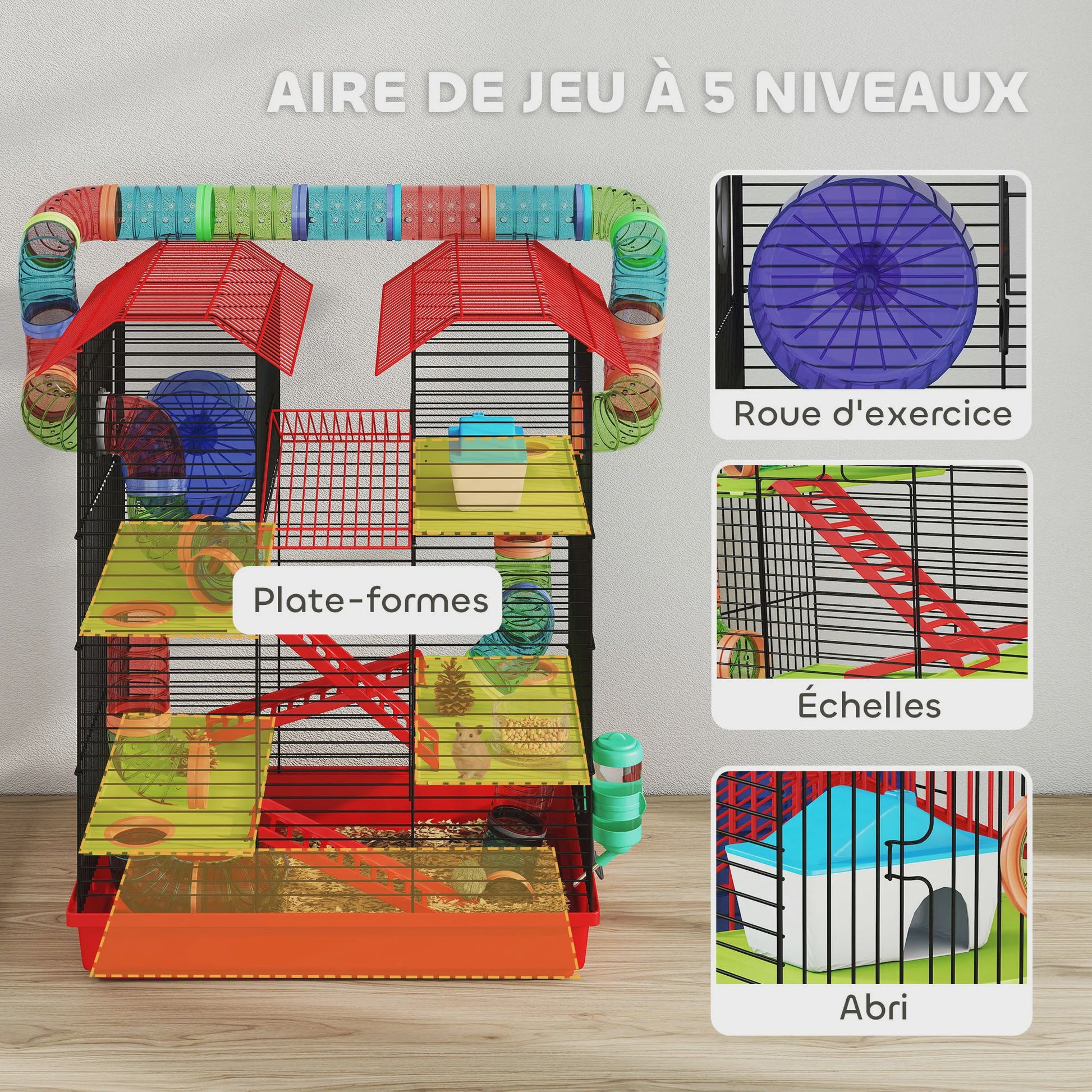 Grote Hamsterkooi met Tunnel, Loopwiel en Voerbak - 47x30x59 cm Rood