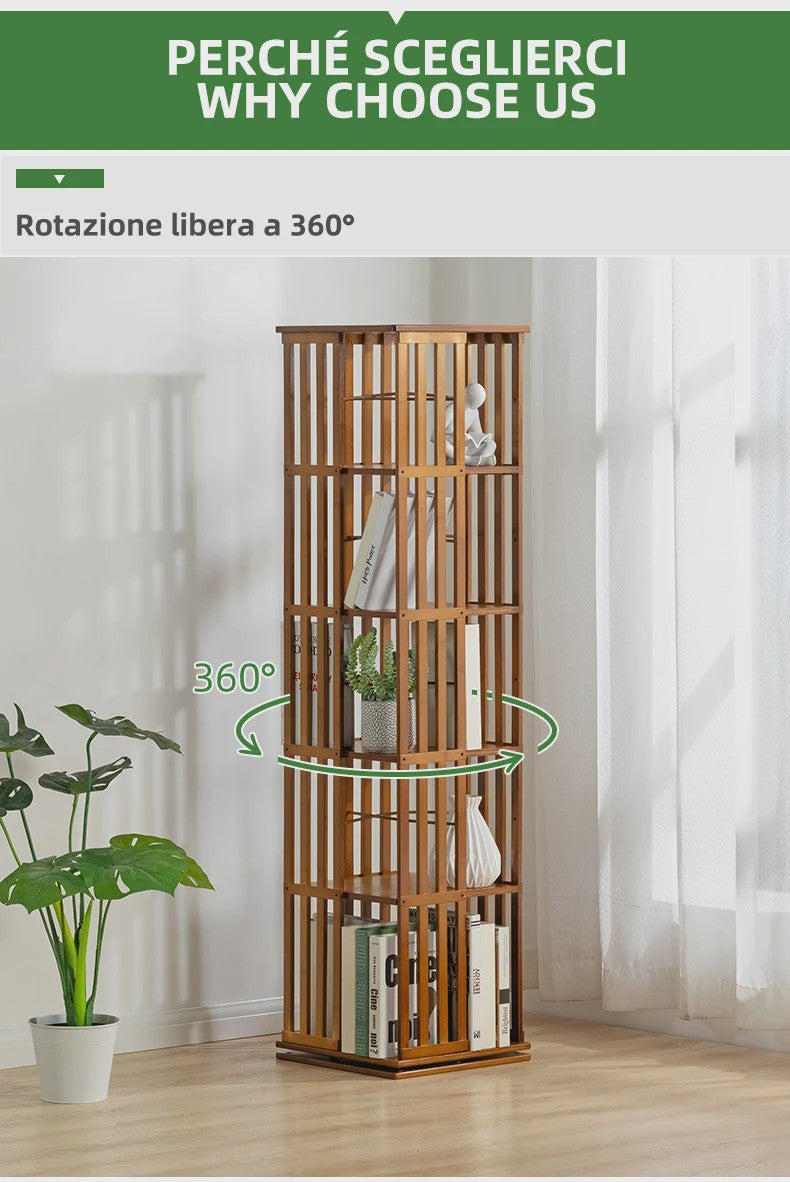 Draaibare Bamboe Boekenkast 5 Niveaus - 360° Rotatie, Verticale Opslag