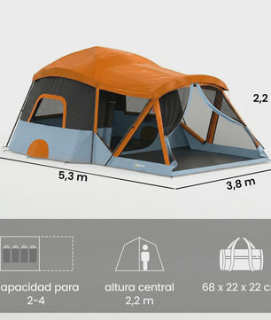 Outsunny Gezinstent Tunnel 2-4 Personen Oranje/Blauw - Ruim & Ventilerend