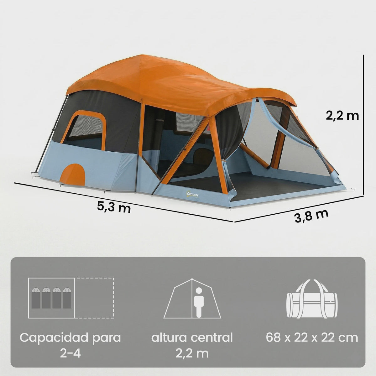 Outsunny Gezinstent Tunnel 2-4 Personen Oranje/Blauw - Ruim & Ventilerend