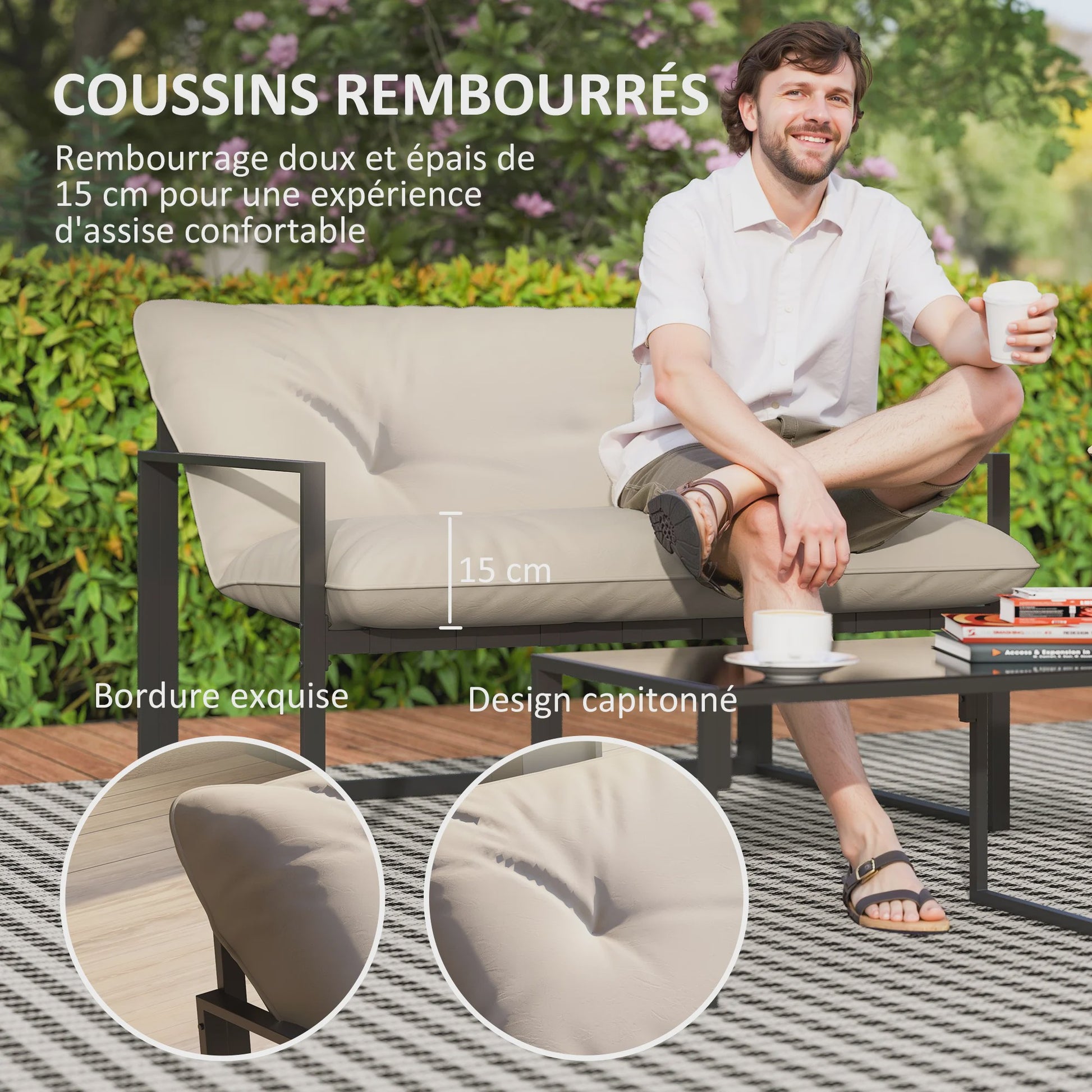 Outsunny Loungeset 4-delig Tuinset met Sofa, 2 Stoelen en Salontafel - Beige