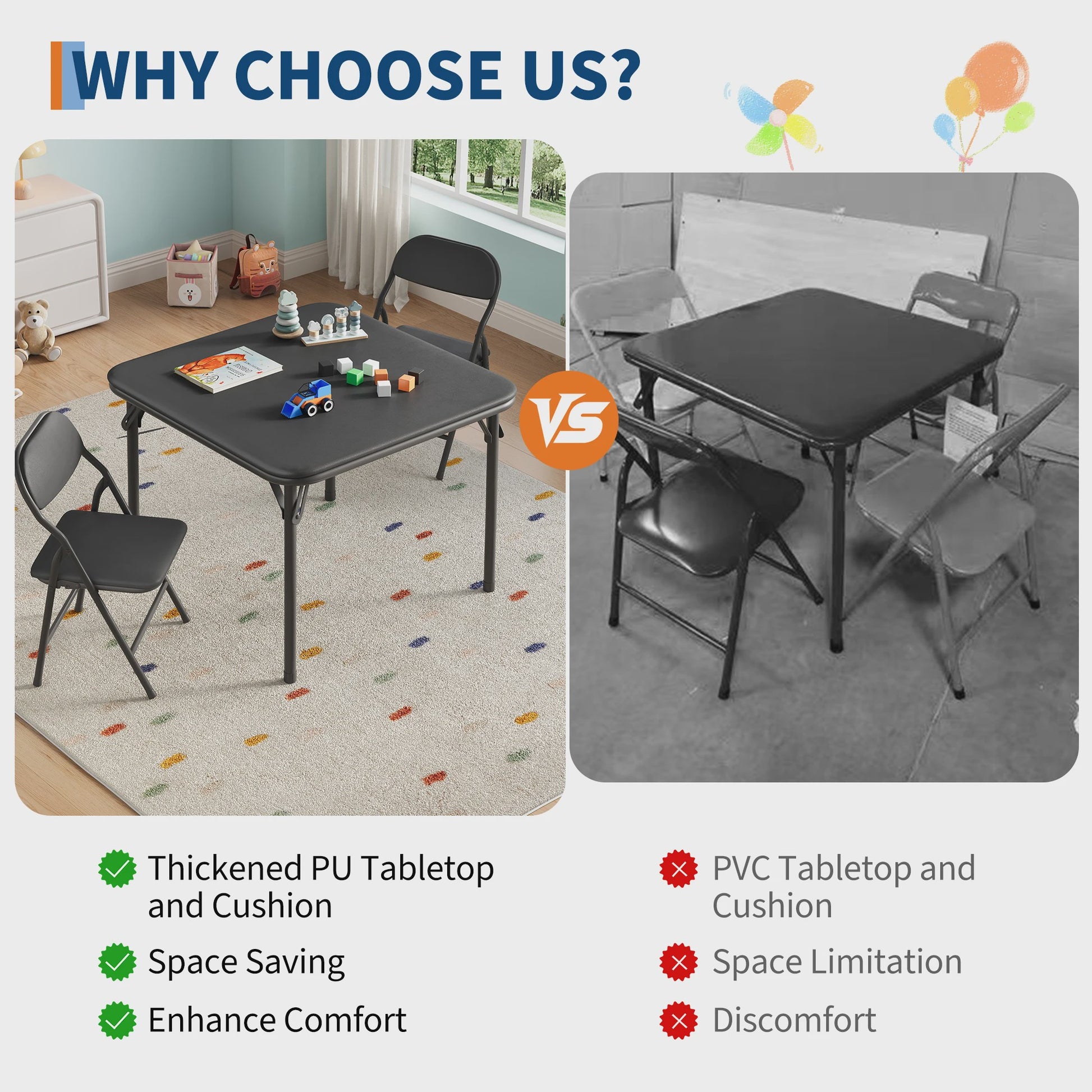 Opvouwbare Kinder Speel- en Studietafel met 2 Stoelen - Zwart