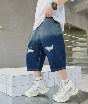 Stoere Denim Shorts voor Jongens | Zomerse Capri Broek met Gradient Kleur & Ripped Details | 5-14 Jaar