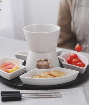 Keramische Fondue Set: Chocolade & Kaas Fondue met 4 Dipkommen, Vorken en Houten Plateau