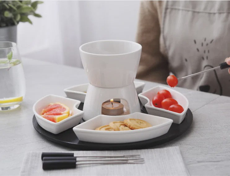 Keramische Fondue Set: Chocolade & Kaas Fondue met 4 Dipkommen, Vorken en Houten Plateau