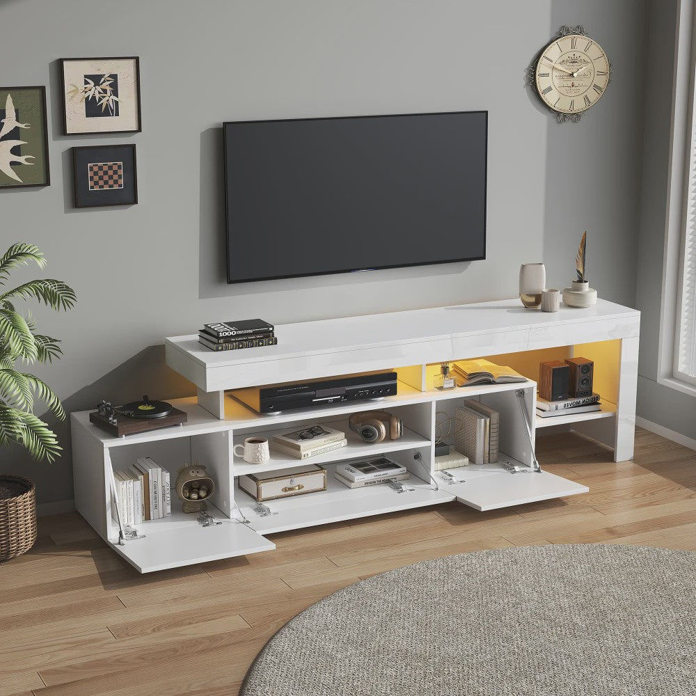 Moderne TV-meubel 192cm met LED-verlichting en 3 kasten - Hoogglans wit