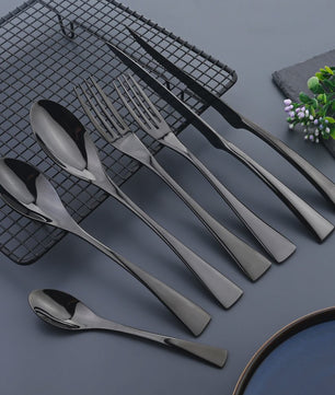 Luxe Bestekset RVS - Zwart Steakmes, Dessertlepel & Vork - Complete Tafelset