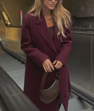 Dames Jas Burgundy - Dubbelzijdig Sluitend, Lange Mouwen, Klassieke Kraag - Herfst Winter Collectie