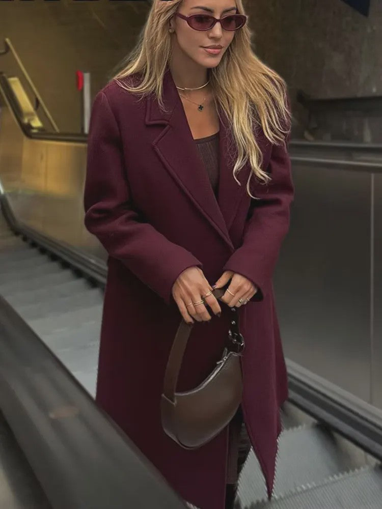 Dames Jas Burgundy - Dubbelzijdig Sluitend, Lange Mouwen, Klassieke Kraag - Herfst Winter Collectie