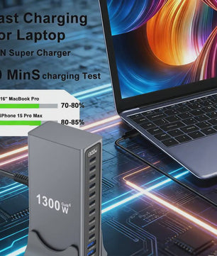 1300W GaN Desktop Snellader Station met Meerdere USB-C Poorten voor Laptops, Tablets & Smartphones