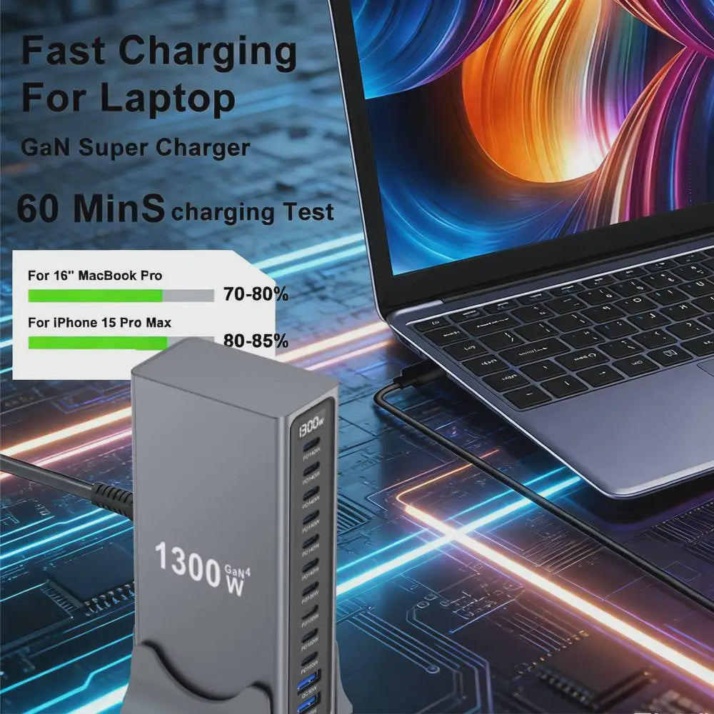 1300W GaN Desktop Snellader Station met Meerdere USB-C Poorten voor Laptops, Tablets & Smartphones