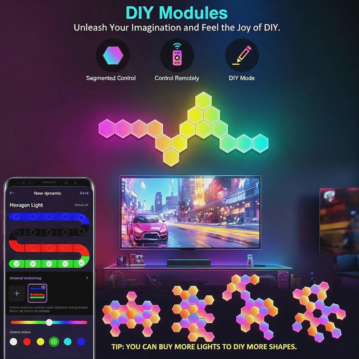 Slimme Hexagon LED Wandlampen met App & Muziek Sync - RGB Kleuren, DIY Ontwerp