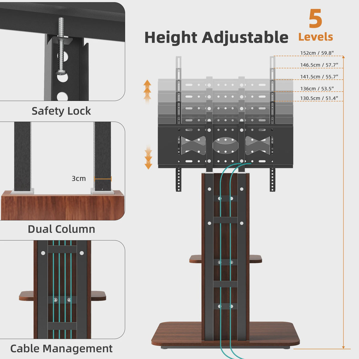 Robuuste TV Voet met 5 Hoogte Niveaus | Verstelbare TV Standaard voor 32-65 Inch Schermen