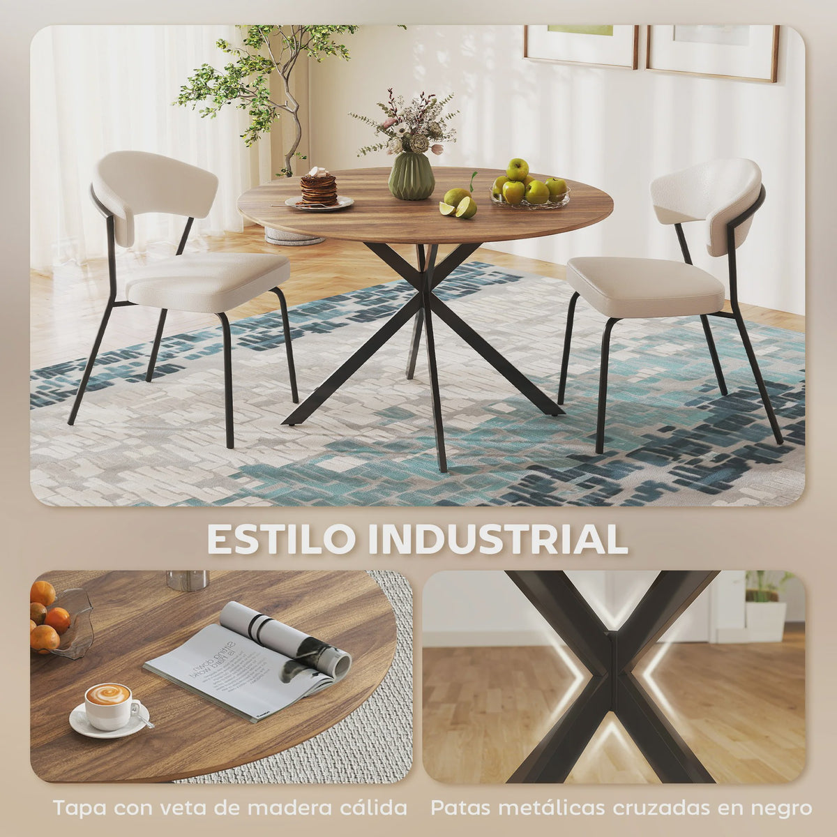 Ronde Eettafel Eikenlook - Ø120x75 cm - Geschikt voor 4 Personen