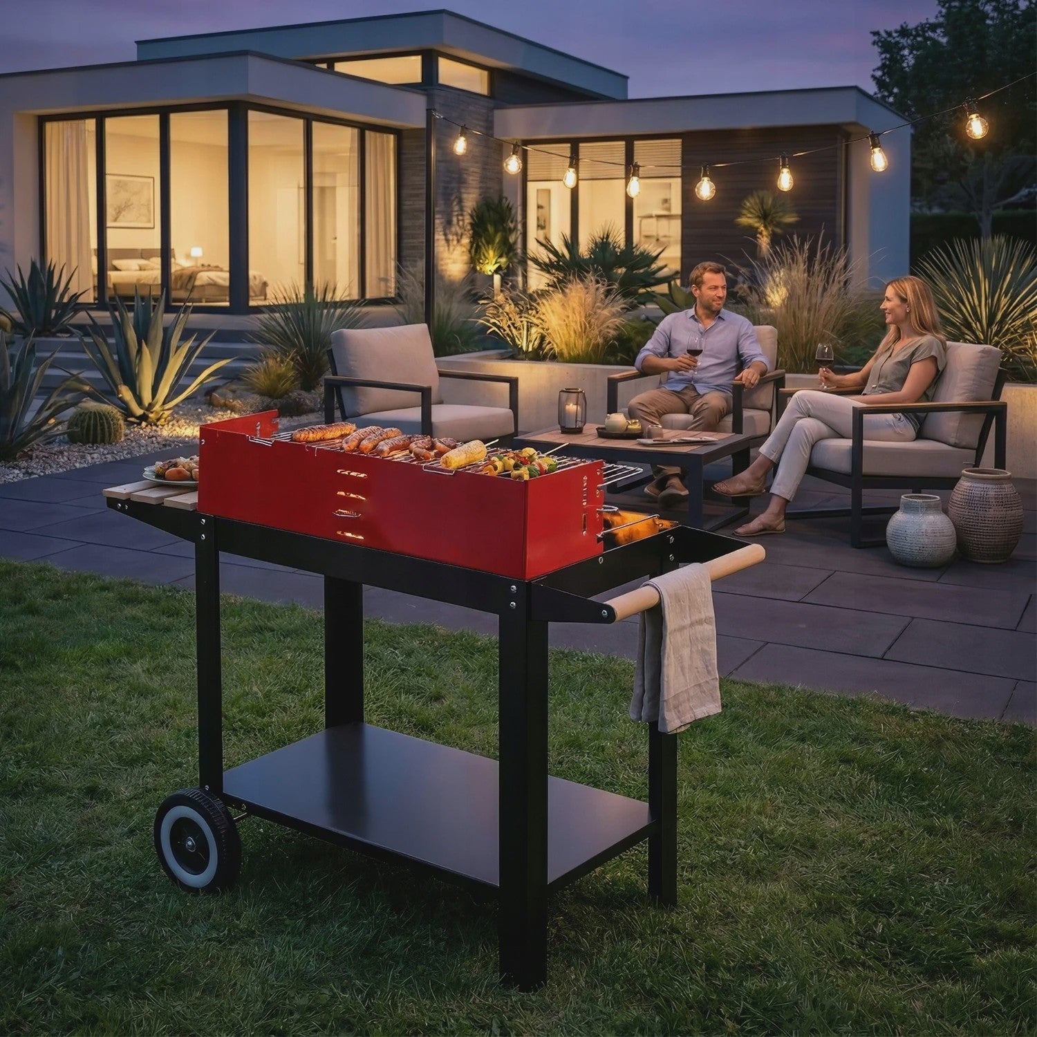 Mobiele Houtskool BBQ Grill met Wielen, Zijplanken en Accessoires - 40x40cm Grilloppervlak