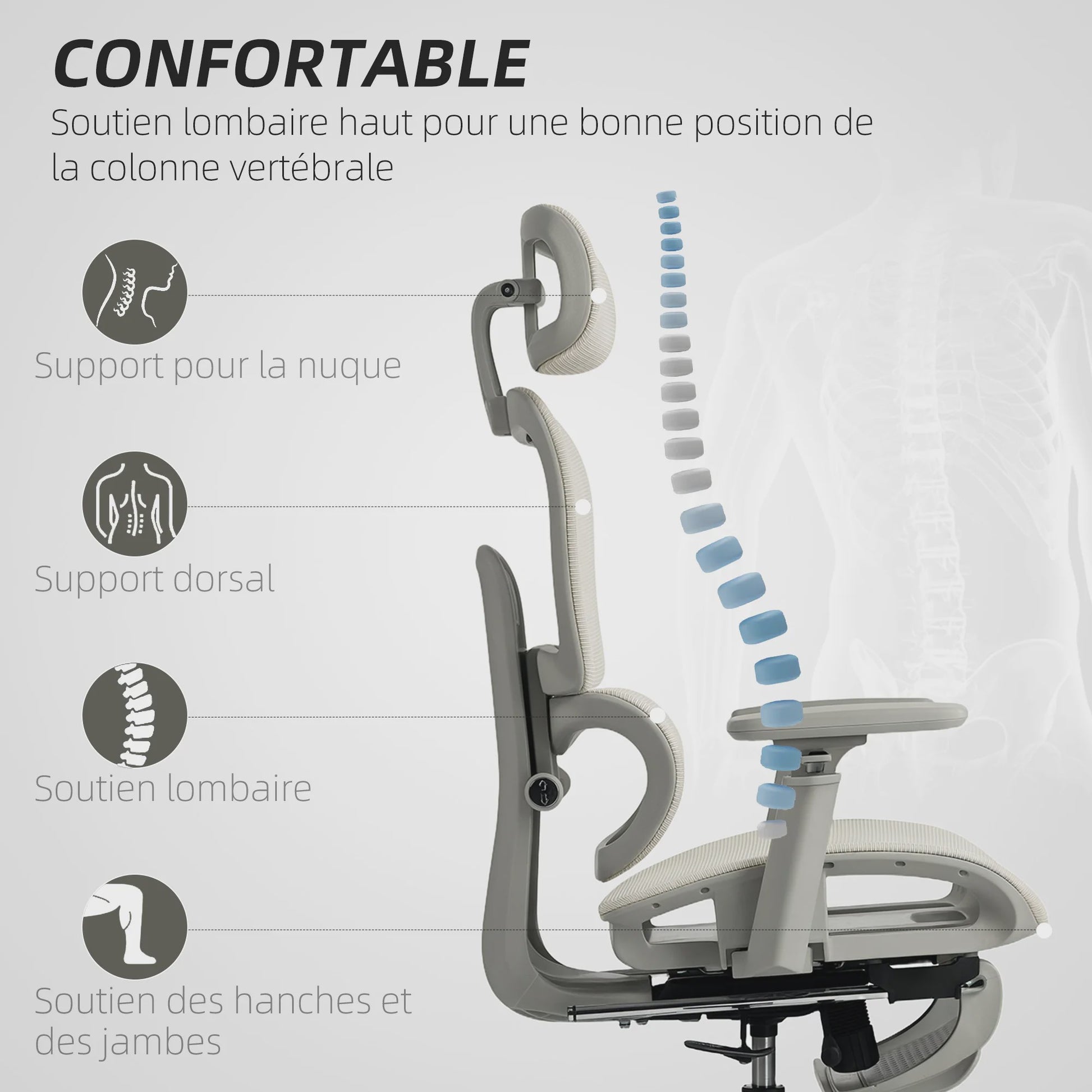 Ergonomische bureaustoel met mesh rugleuning, verstelbare hoofdsteun en 3D armleuningen - Beige