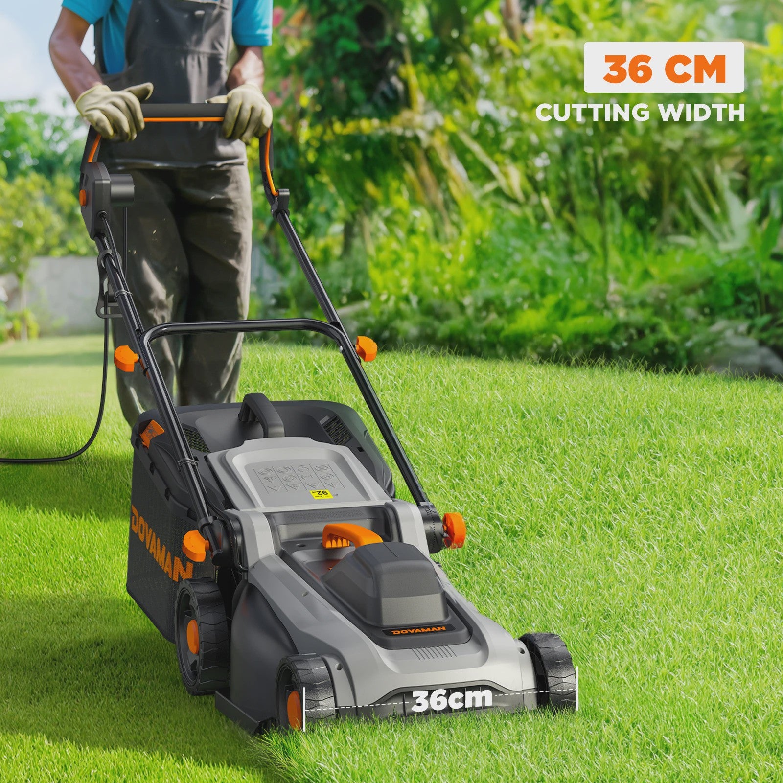 DOVAMAN Elektrische Grasmaaier 1500W - 36cm Maaibreedte, 40L Opvangbak, Mulchfunctie