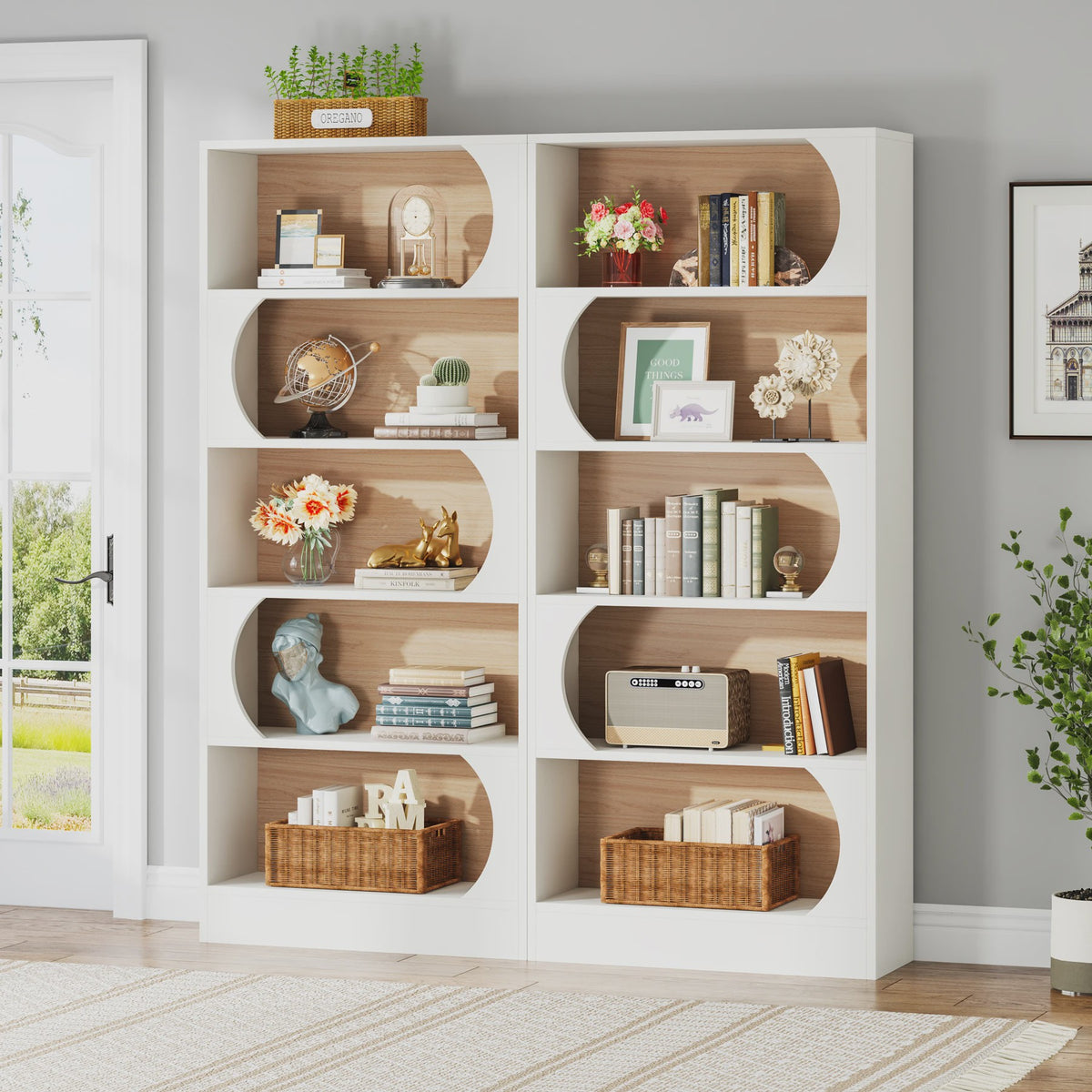 Stijlvolle Boekenkast 5 Lagen - Wit & Walnoot - 180cm Hoog