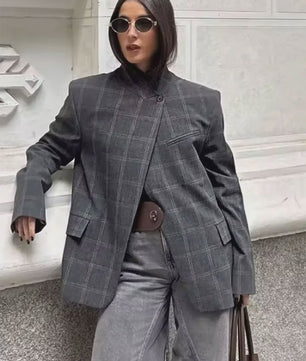 Chique Geruite Blazer Jas met Opstaande Kraag - Dames Casual Chic