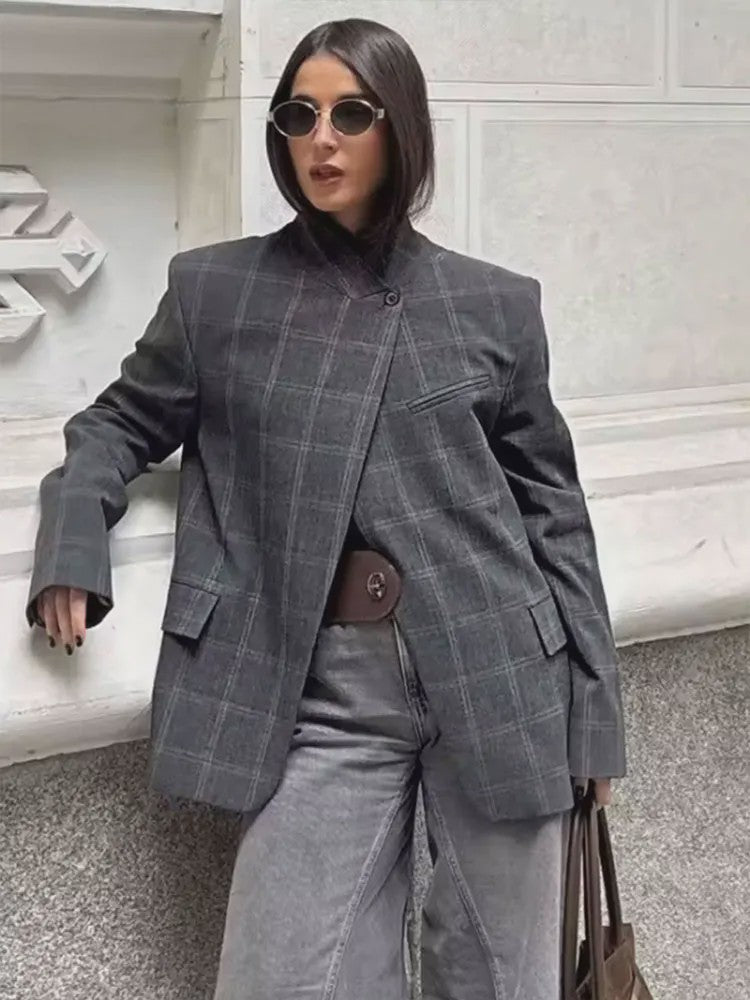 Chique Geruite Blazer Jas met Opstaande Kraag - Dames Casual Chic