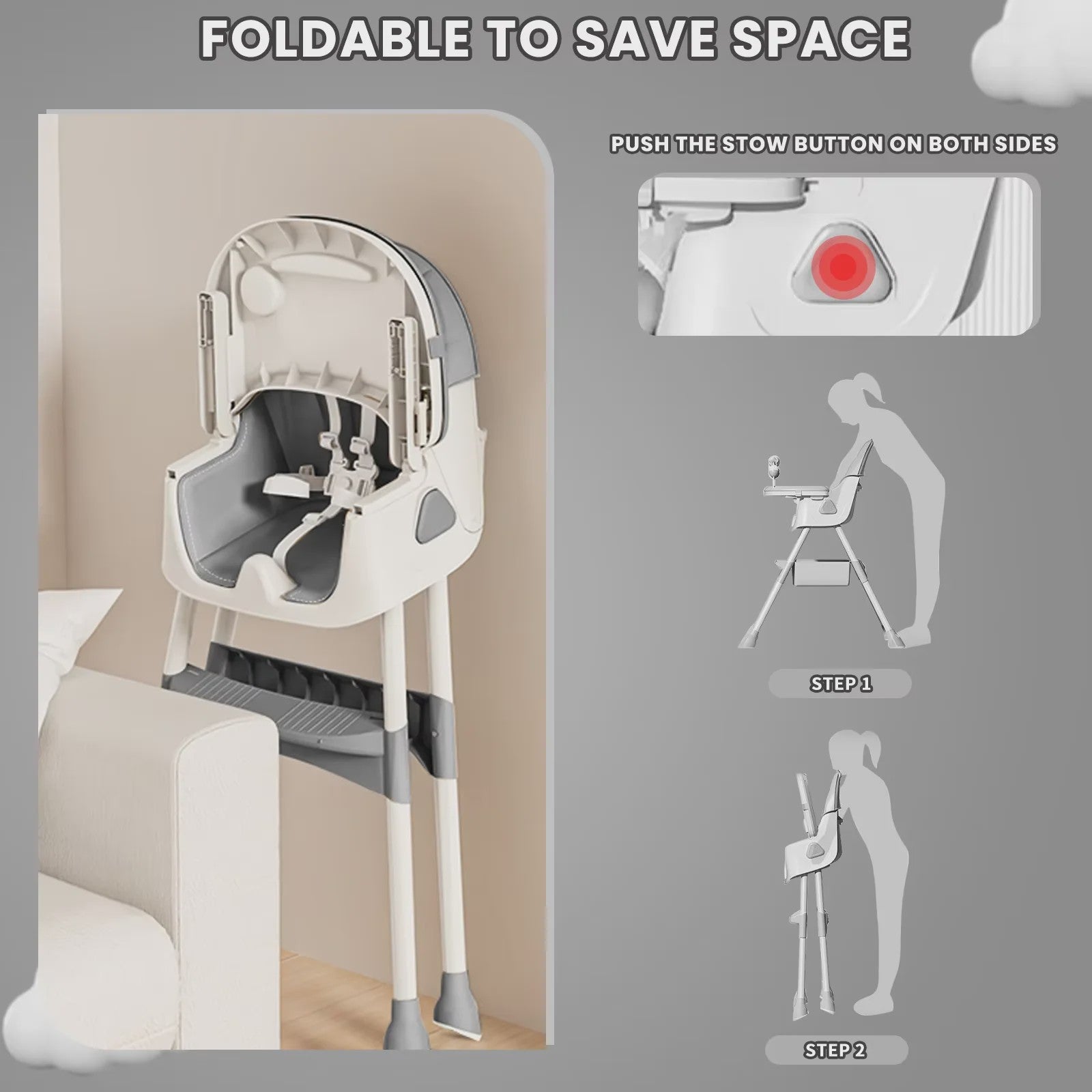 Opvouwbare Baby Kinderstoel (6+ Maanden) - Makkelijk Schoon, Antislip & Met Speelgoedrek - Model E500