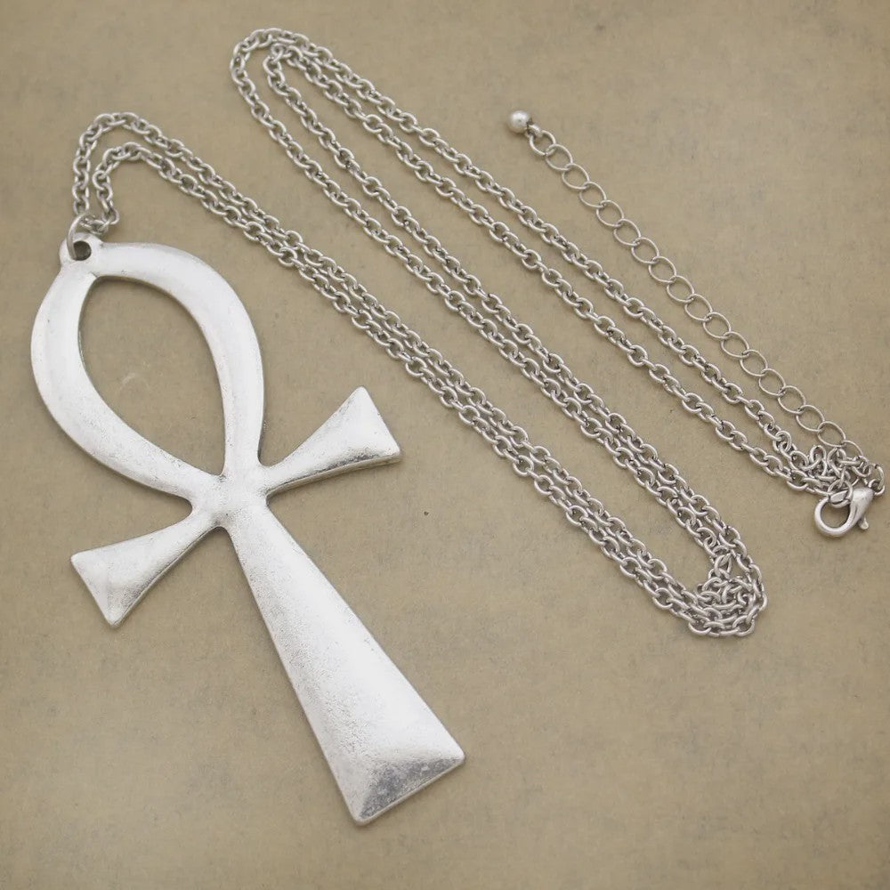 Vintage Egyptische Ankh Kruis Ketting - Grote Hanger met Lange Ketting