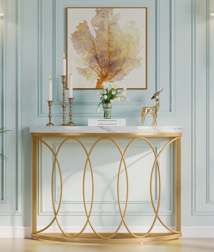 Gouden Halve Maan Console Tafel - 43 Inch Moderne Entree Tafel met Geometrisch Metaal Frame