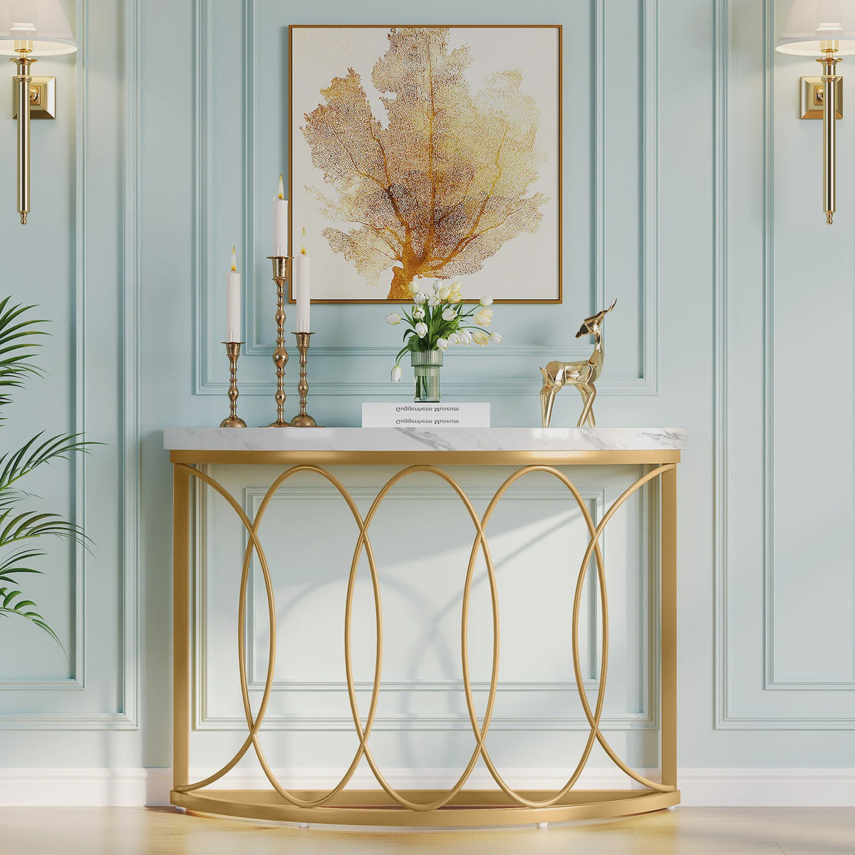 Gouden Halve Maan Console Tafel - 43 Inch Moderne Entree Tafel met Geometrisch Metaal Frame