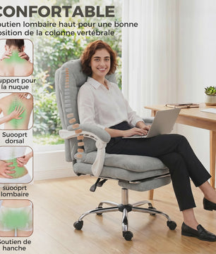 Ergonomische bureaustoel Velours Grijs met Lendesteun en Voetensteun