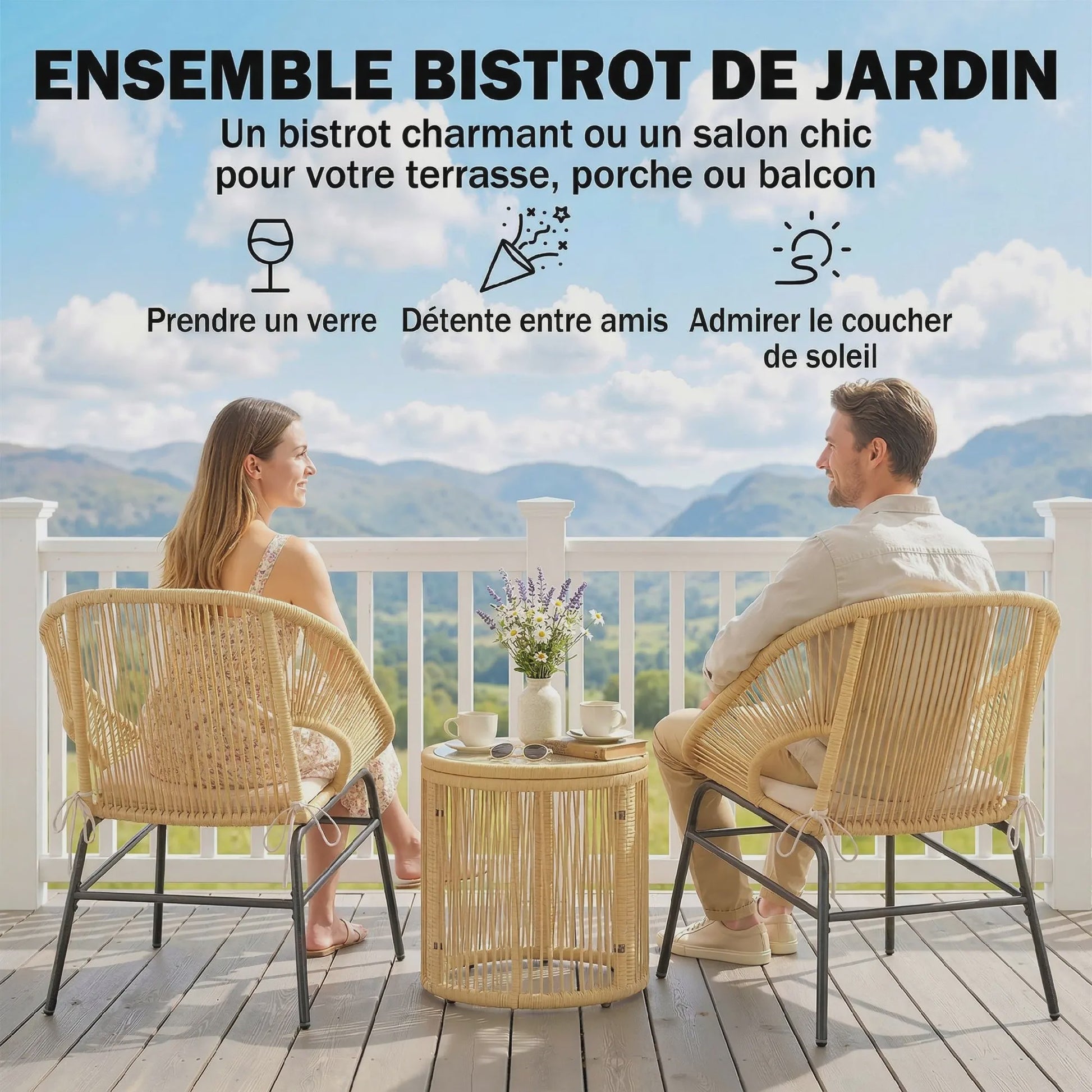 Outsunny Balkon Bistro Set - 3 Delig met 2 Comfortabele Stoelen en Glazen Tafel - Beige