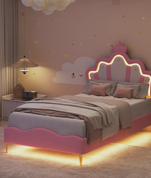 Betoverend Prinsessenbed 90x200cm met Kroon Hoofdbord, LED Verlichting en Lattenbodem
