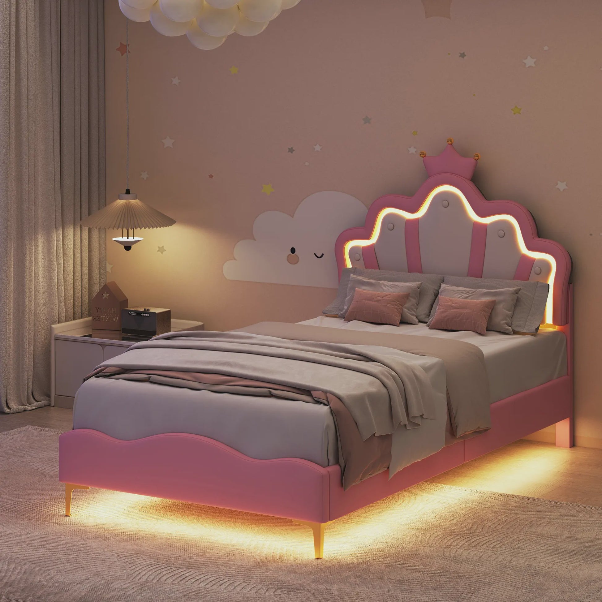 Betoverend Prinsessenbed 90x200cm met Kroon Hoofdbord, LED Verlichting en Lattenbodem