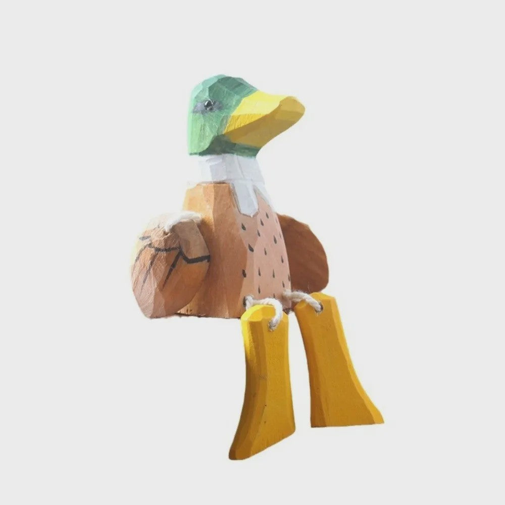 Grappig Houten Eend Beeldje met Zwaaiende Voetjes - Handgemaakte Decoratie