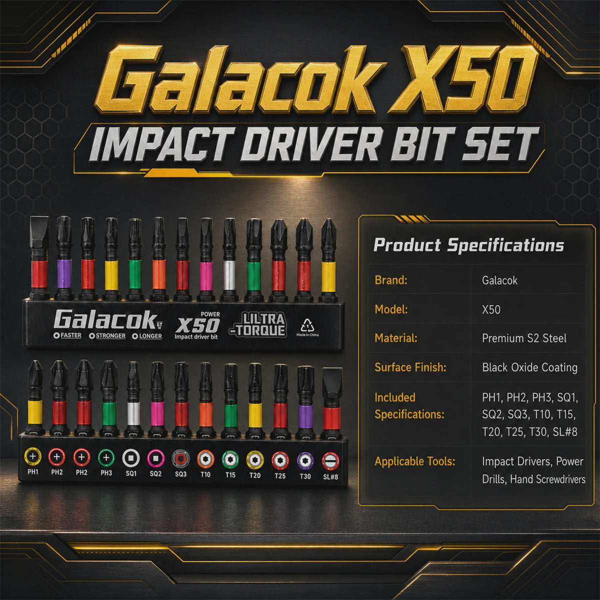 Galacok 13-delige Set Schroefbits: Impact, Magnetisch, Kleurgecodeerd
