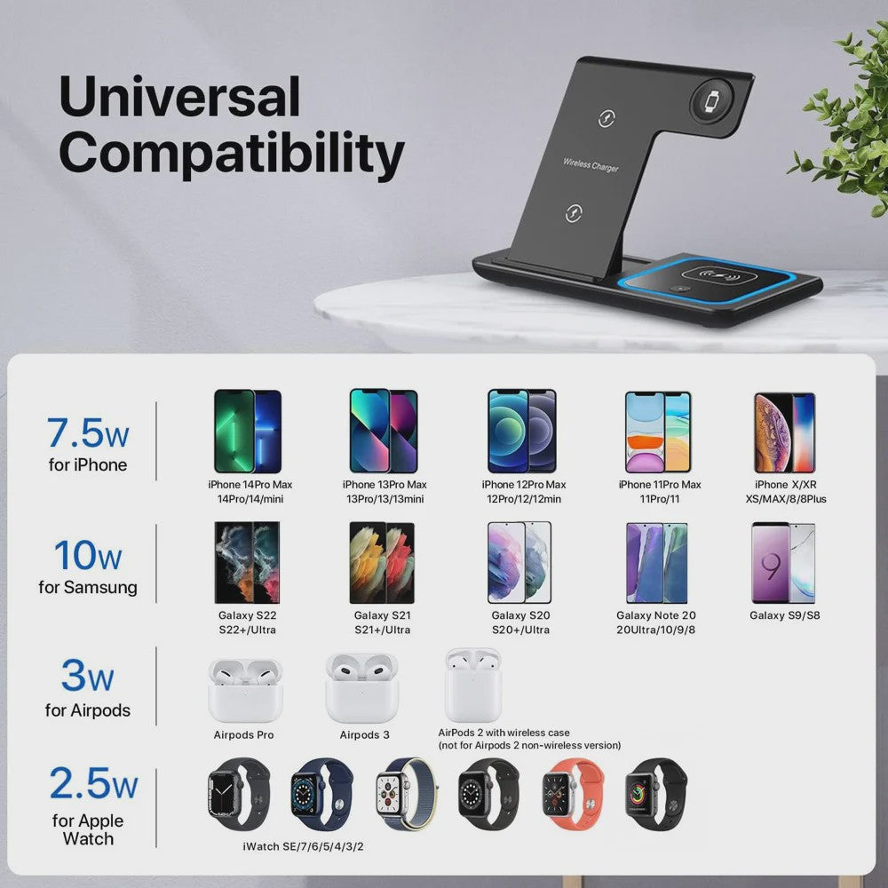 3-in-1 Opvouwbaar Draadloos Laadstation voor iPhone, Apple Watch & AirPods Pro - Snel Opladen