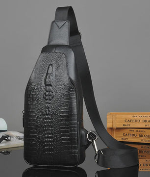 Luxe Leren Heren Borsttas met Kroko Print en USB Oplaadpoort
