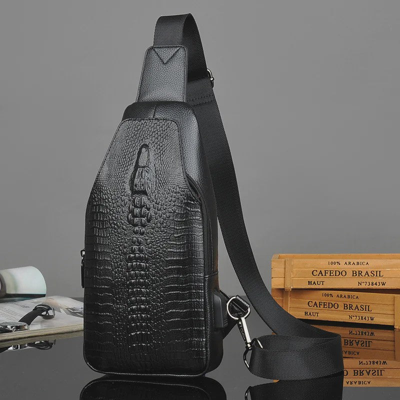 Luxe Leren Heren Borsttas met Kroko Print en USB Oplaadpoort