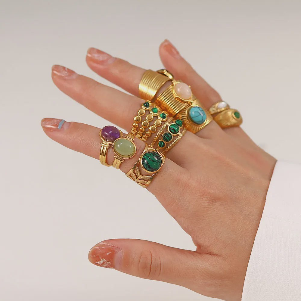 Natuursteen Ringen Dames - Waterdicht Roestvrij Staal Goudkleurig Sieraden