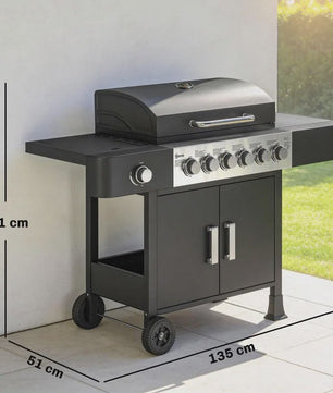 RVS Gas BBQ Grill Cart met 6+1 Branders, Zijbrander, Wielen & Thermometer